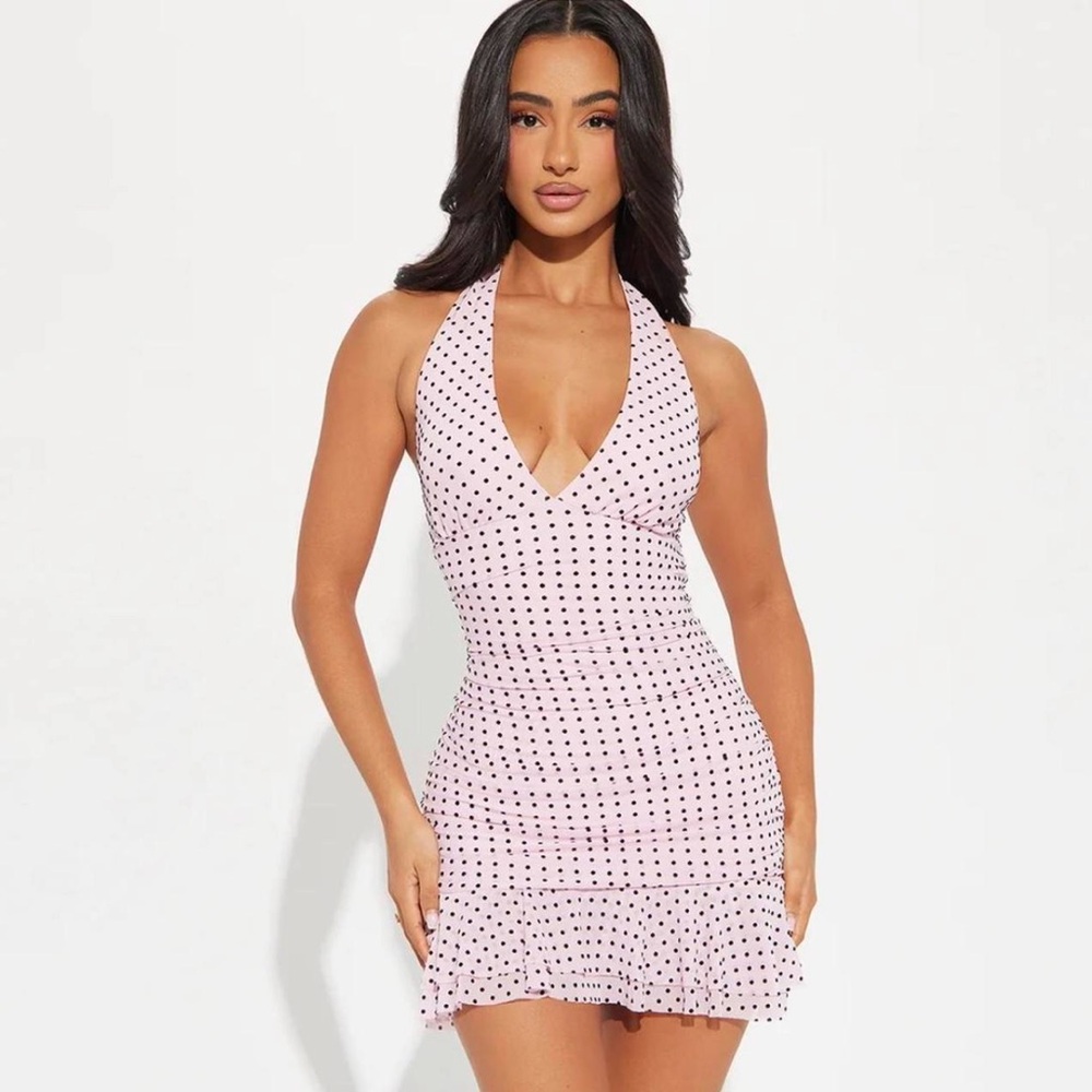 NWOT Cute Pink Polka Dot Halter Women’s Mini Dress Ruffle Trim